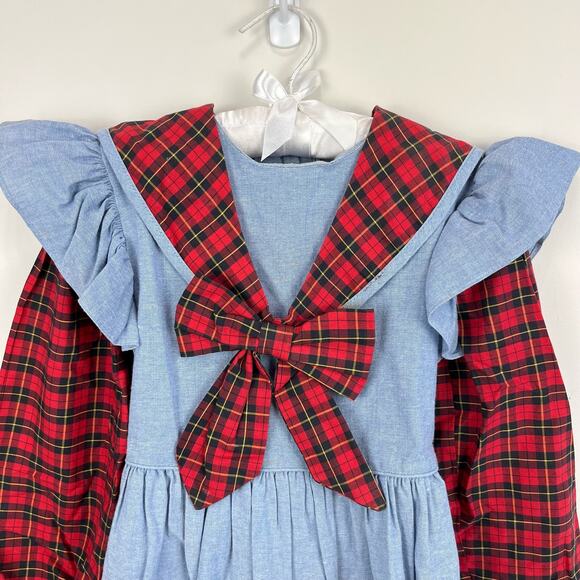 Vintage Polly Flinders Chambray Ruffle Plaid Dress 6 - Picture 2 of 10
